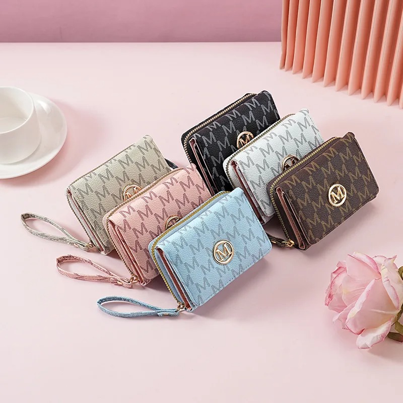 Wallets - 三つ折りジッパーウォレット、レターパターン入り、スタイリッシュなマルチカラーカードホルダーとリストストラップ付き、女性用のおしゃれな普段使い財布*