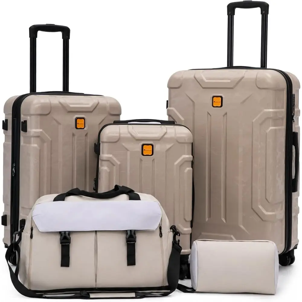 Expandable Hard Shell Luggage Set - 5ピースハードシェルラゲージセット、20/24/28インチ拡張可能、機内持ち込み可能、TSAロック、スピナーホイール、ABS+PCベージュ