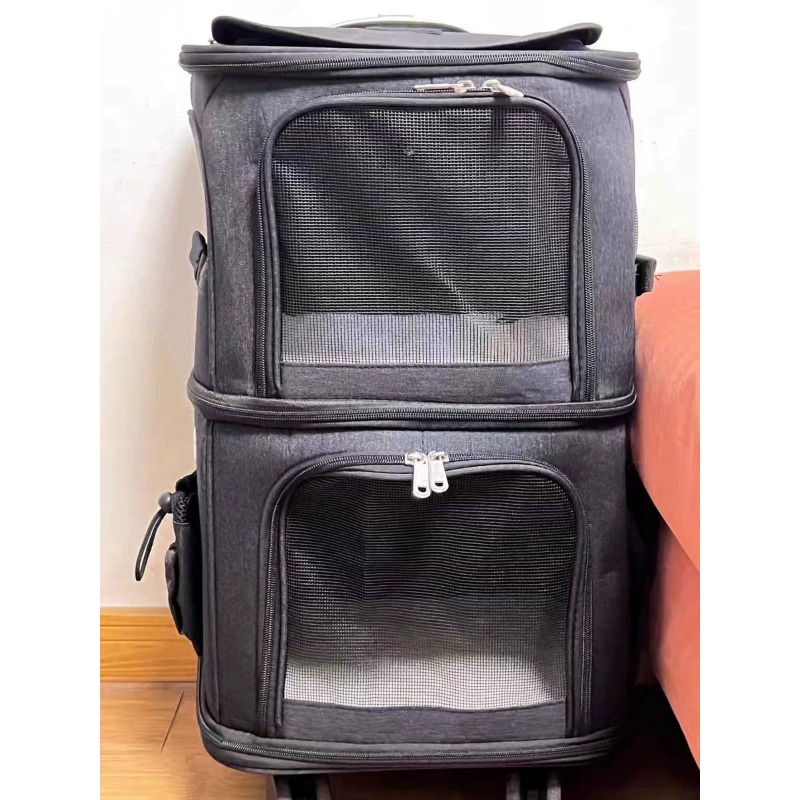 Foldable Rolling Luggage Bag - ハンバン二層式ペット用ローリングキャリア、回転式ホイール付き折りたたみ式猫用旅行用荷物、屋外用ポータブル猫用キャリーバッグ
