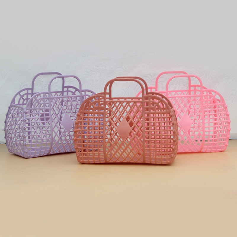 Handbags - 取り外し可能なシャワーバスケットプラスチックバスジェリーバッグバスルーム中空洗浄収納バスケットショッピングホーム収納サマービーチハンドバッグ