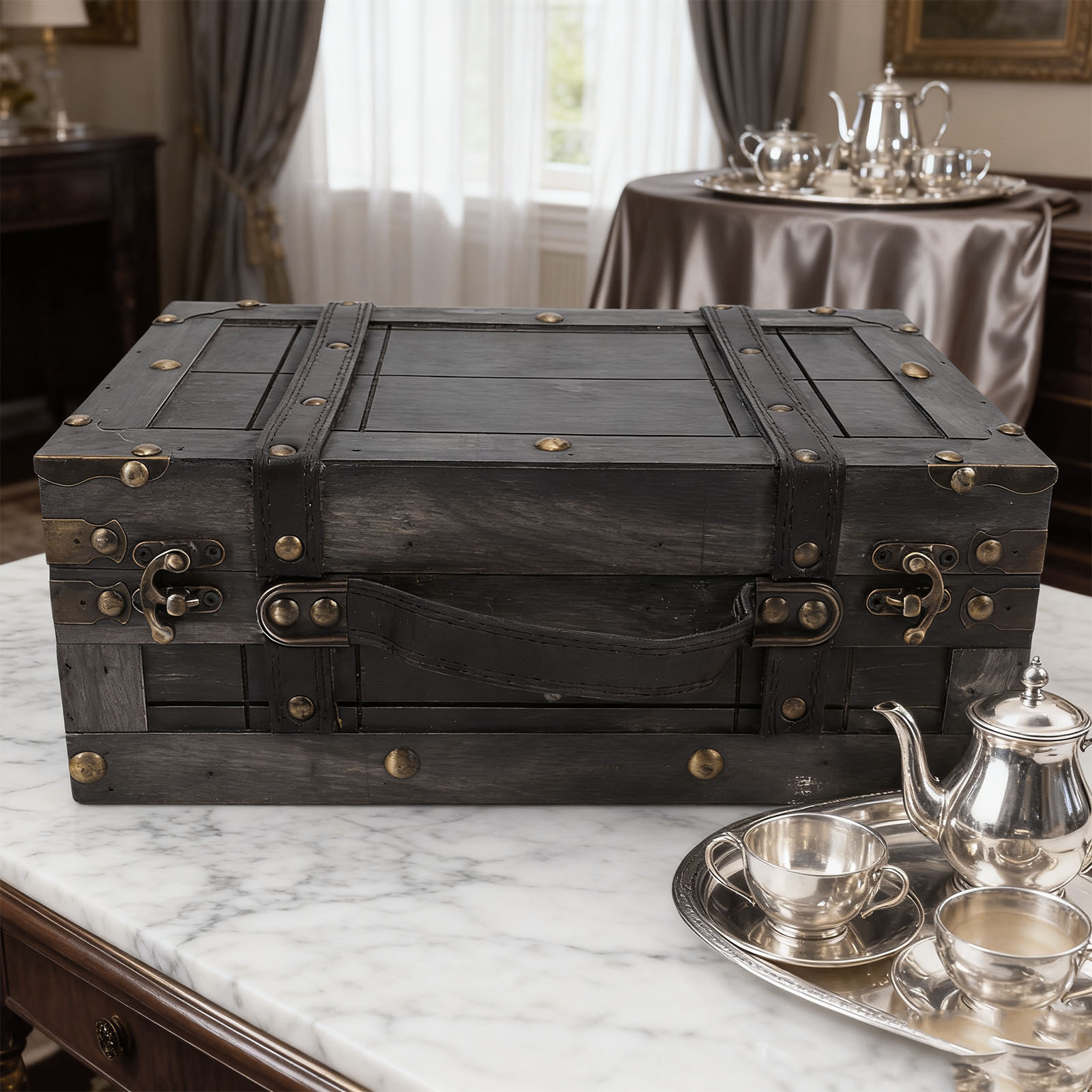 Retro Vintage Trunk Suitcase - 木製収納トランク 木製チェスト ヴィンテージ木製収納トランク 蓋付き レトロスーツケース ポータブルボックス