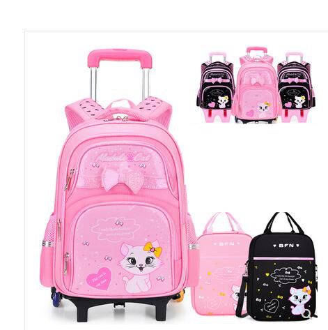 Foldable Rolling Luggage Bag - 学生スクールローリングバックパックスクールトロリーバッグセット女の子のためのスクールホイール付きバッグ通学旅行トロリーバックパックバッグ子供のための