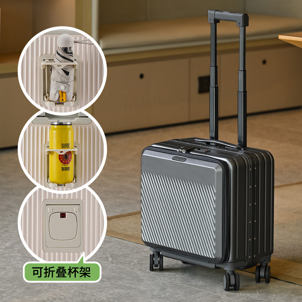 Aluminum Frame Carry On Luggage - 18インチフロントオープンキャリーオンスーツケース アルミフレーム カラーブロック トラベルキャビンラゲージ 1:9開口 多機能トロリーケース