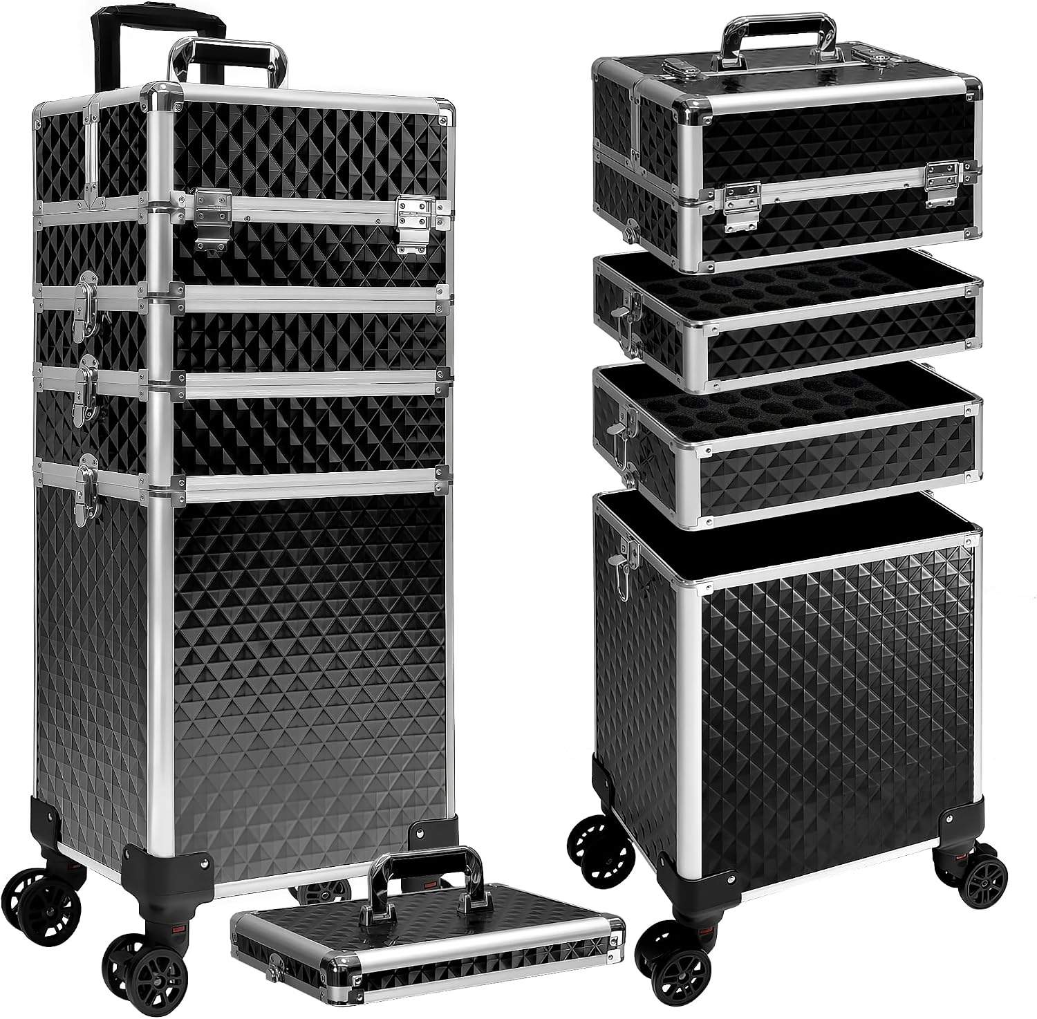 Luggage - ローリングメイクアップトレインケース、コスメティックトロリーラゲージボックス、サロンビューティーバーバーツール収納オーガナイザー、多層式取り外し可能なキャスターホイールホルダー、クラシックスタイル、ソリッドブラック、1個入り