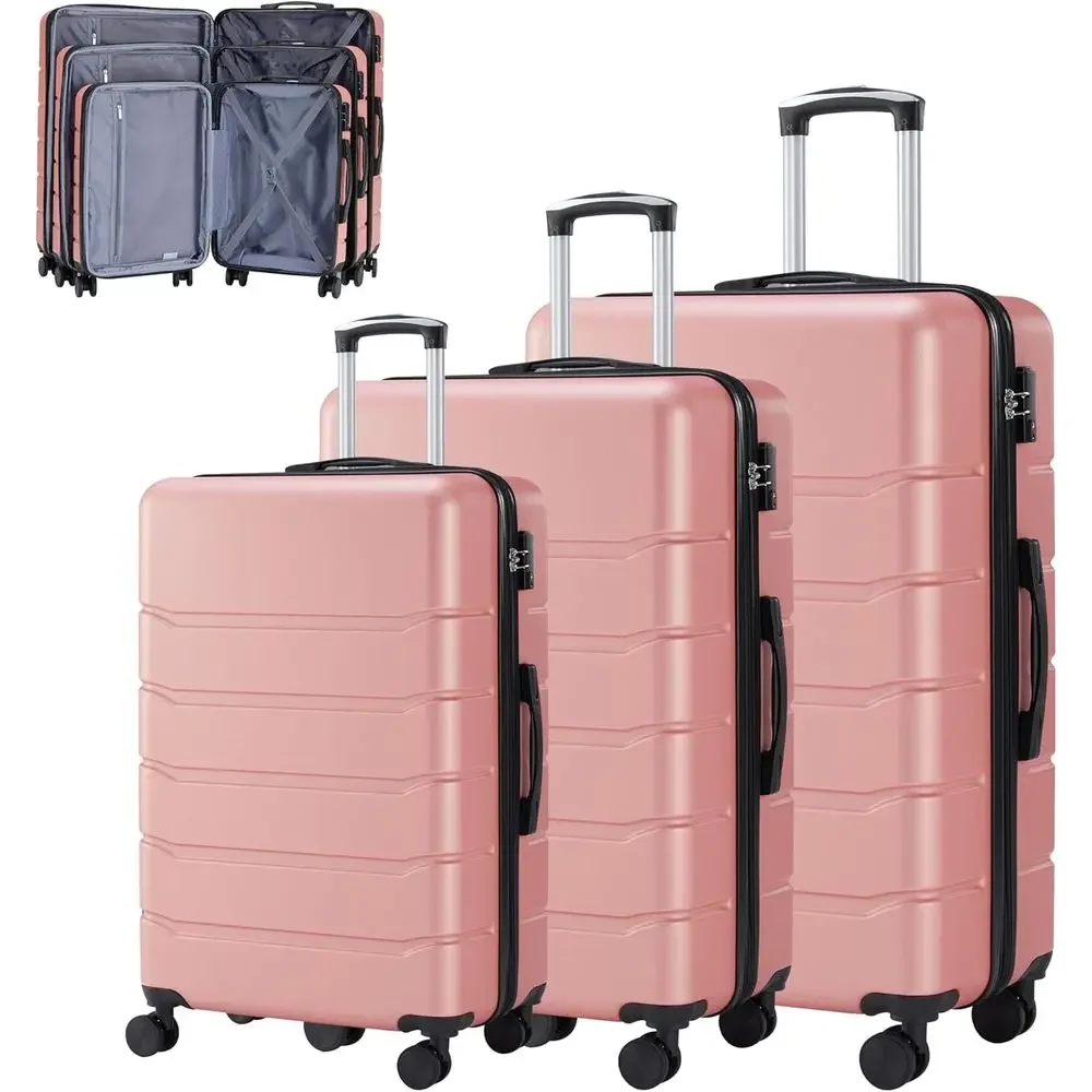 Expandable Hard Shell Luggage Set - 3ピース大型スーツケースセット、ダブルスピナーホイール、TSAロック、拡張可能なハードシェル、ピンク色