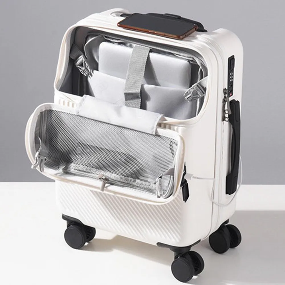 Front Opening Laptop Luggage 24 Inch - フロントオープン式トロリーケースPCスーツケース旅行用荷物ラップトップコンピュータ収納バッグパスワードボックスバッグ荷物USB充電20/24インチ