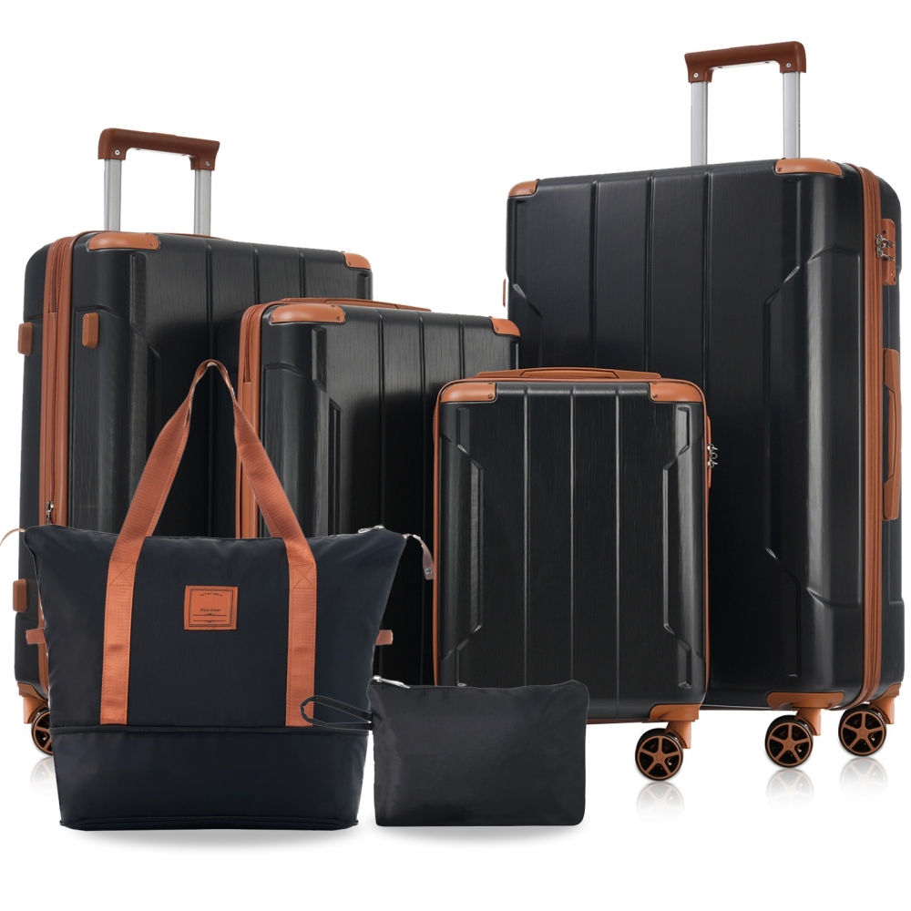 Expandable Hard Shell Luggage Set - ハードシェルラゲージセット 6ピーススーツケースセット、拡張可能な軽量スーツケース、デュアルホイール、TSAロック付き、男性女性向け、ブラックブラウン