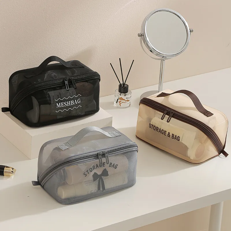 Cosmetic Bags - 大容量の化粧品バッグ、メッシュで通気性があり、持ち運び可能な収納オーガナイザー、シンプルなスタイル、耐久性のある生地素材、に適しています。