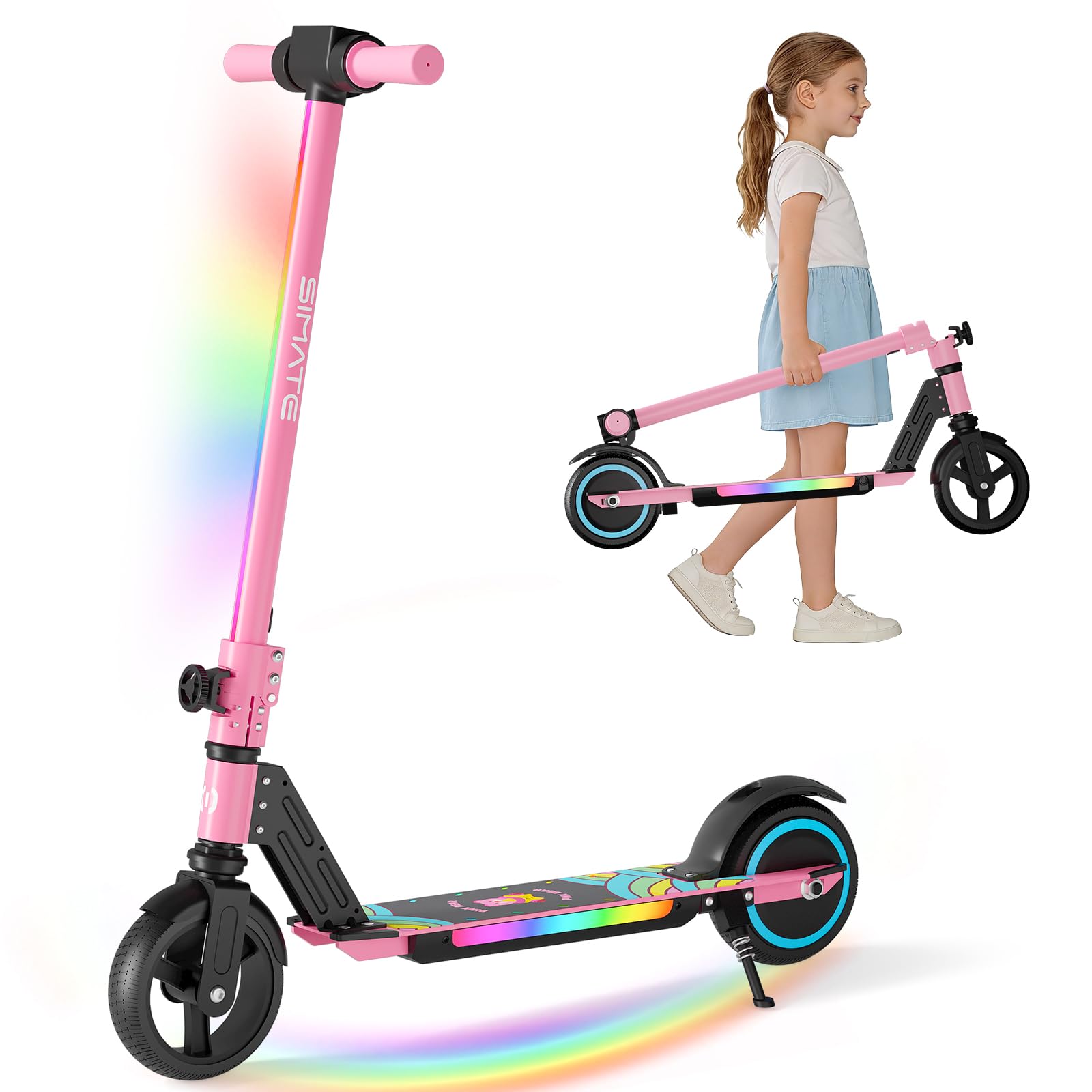 Kids Ride On Suitcase Scooter - SIMATE 子供用電動スクーター（6歳～14歳）、LEDディスプレイとカラフルなライト、高さ調節可能、折りたたみ式、ダブルブレーキ、子供、女の子、男の子へのプレゼント