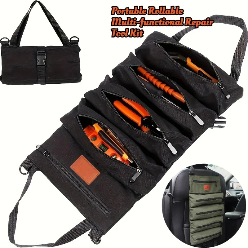 Foldable Rolling Luggage Bag - 1pc 多目的キャンバスロールツールバッグ車のツールオーガナイザー応急処置キット収納ラップ高耐久ポータブル複数のジッパーポケット
