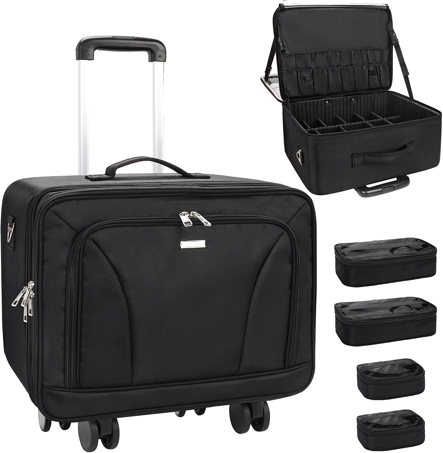 Travel Bags - 特大サイズの回転式メイクアップトラベルトレインケース（360度回転） ° スピナーホイール、3層構造、断熱コンパートメント付き、透明バッグ4個