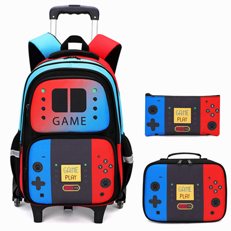 Foldable Rolling Luggage Bag - 3個セット 子供用ローリングバックパック 男の子向け ゲーマー風 ローラーホイール付きブックバッグ ランチボックス付き