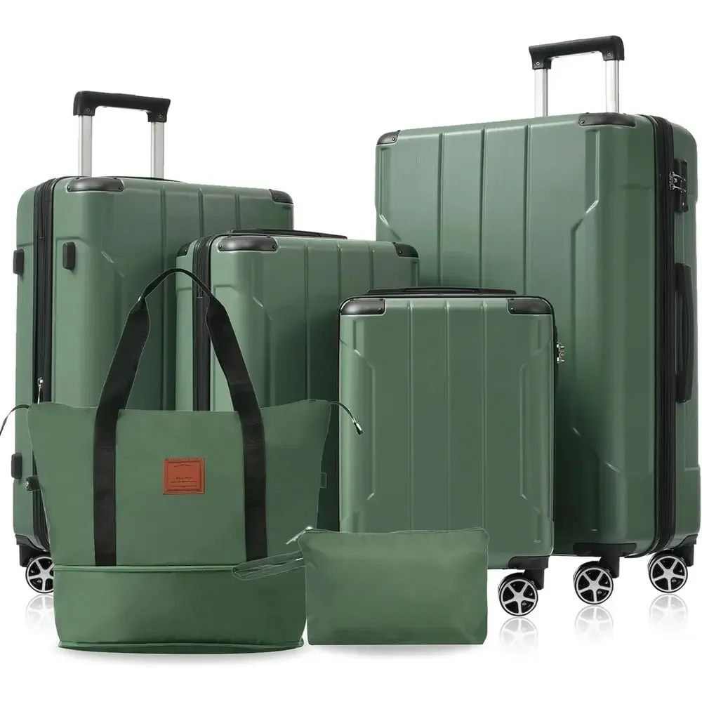 Expandable Hard Shell Luggage Set - 6ピース拡張可能なハードシェルラゲージセット、デュアルホイール、TSAロック付き、男女兼用、グリーン