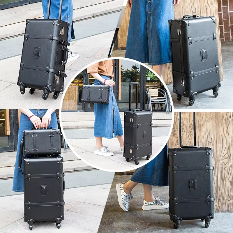 新しいレトロなローリング荷物スピナーブランドヴィンテージレザ - Retro Vintage Trunk Suitcase のレビューと価格