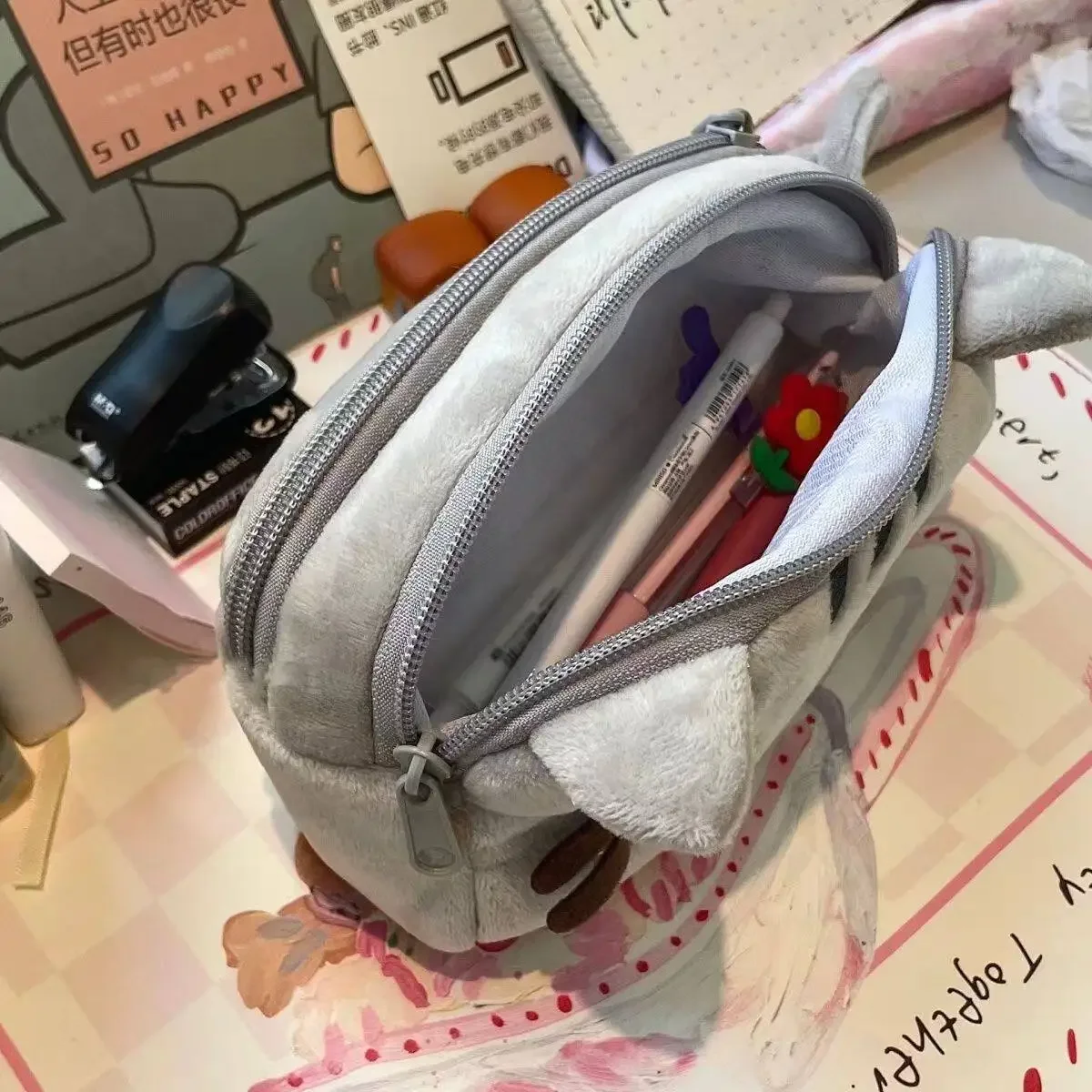 かわいいプシーンペンシルケース、漫画風の太った猫、大容量学生 - Luggage のレビューと価格